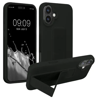 Produktbild von kwmobile Handyhülle für Apple iPhone 16 Plus Hülle - TPU Silikon Case mit Fingerhalter und Stand - Schutzhülle Cover in Schwarz
