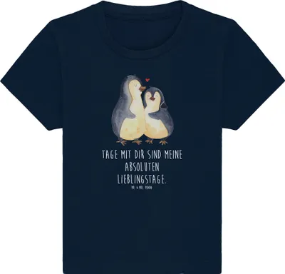 Produktbild von Mr. & Mrs. Panda  T-Shirt Pinguin umarmen 6. - 12. Monat - French Navy - Geschenk, Hochzeitstag, Babyshirt, Kinder Shirt, Top, Liebe, Organic Baby, Oberteil