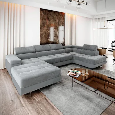 Zdjęcie produktu dla Masseno Narożnik CASONE R-S z funkcją spania i pojemnikiem na pościel Kształt U, Rozkładana sofa, Rogówka - Jasnoszary, MONOLITH 84