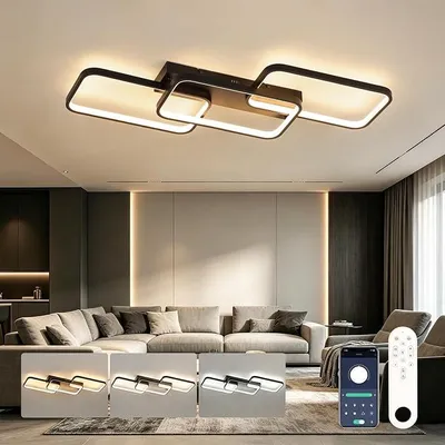 Obrázek produktu pro Stropní svítidlo do obývacího pokoje, 60W, 82 cm, s funkcí stmívání a dálkovým ovládáním, barevná teplota 3000K–6500K. Černé stropní lampa s nočním světlem a funkcí paměti, vhodná do ložnice, kuchyně a jídelny