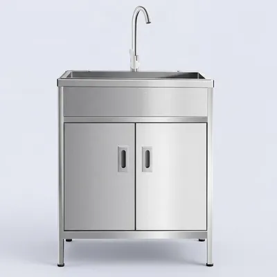 Produktbild von Outdoor Spültisch Edelstahl 304 mit Unterschrank, Freistehende Spülbecken Garten Spüle mit Armatur, Küchenspüle Spülenschrank, Mobiles Waschbecken für Terrasse, Garage, Waschküche(60x45x80cm)