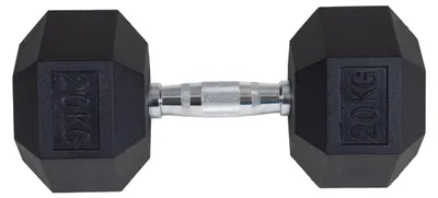 Produktbild von 20 kg Hexagon-Hantel mit ergonomischem Griff, integrierter Gewichtsangabe und Wegrollschutz