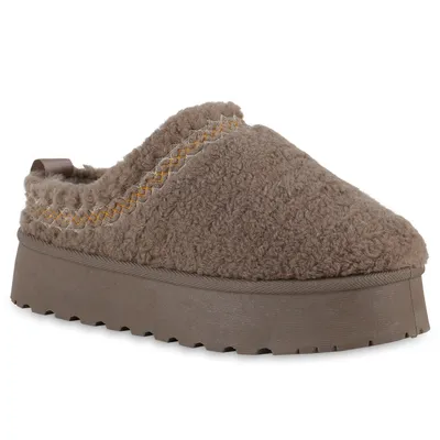 Produktbild von VAN HILL Damen Warm Gefütterte Pantoffeln Bequeme Kunstfell Teddy Schuhe 840872, Farbe: Khaki, Größe: 40