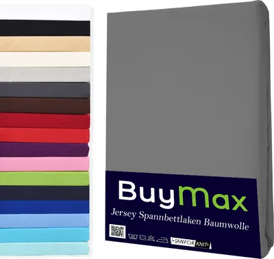 Produktbild von Buymax Spannbettlaken 180x200cm Baumwolle 100% Spannbetttuch Bettlaken Jersey, Matratzenhöhe bis 25 cm, Farbe Anthrazit-Grau