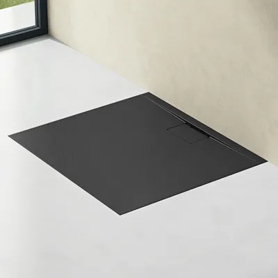 Produktbild von doporro Duschtasse Duschwanne 70x90x3 flach Mineralguss in Anthrazit inkl. Ablaufgarnitur AL06 DIN-Anschlüsse für bodenebene Montage geeignet Geoma07
