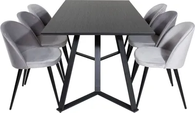 Produktbild von MarinaBLBL Essgruppe Esstisch schwarz und 6 Velvet Esszimmerstühle Velour hellgrau.