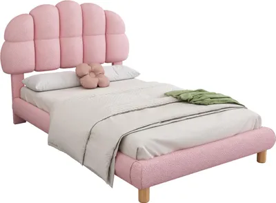 Immagine prodotto di Letto singolo imbottito 90x200 cm con rete a doghe e rivestimento in bouclé - Rosa