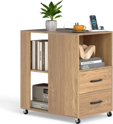 Immagine prodotto di Tavolino COSTWAY con rotelle, comodino con prese di corrente, 2 cassetti e ripiani aperti, comodino, 60 x 40 x 65,5 cm (naturale)