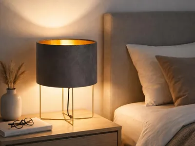 Produktbild von LED Tischleuchte mit Samt Lampenschirm Grau / Gold Ø24cm - Retro Nachttischlampe