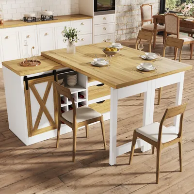 Immagine prodotto di Isola da cucina MODFU, estendibile da 120 a 197 cm, tavolo da pranzo 2-in-1, credenza da cucina con ante a griglia e ripiani regolabili, mobile contenitore, bianco
