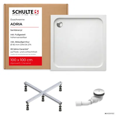 Produktbild von Schulte Duschwanne Adria 100x100 cm, Sanitäracryl Weiß, Set mit Fußgestell + Ab- und Überlauf, Höhe 16,5 - 21,5 cm