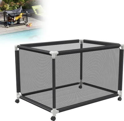 Zdjęcie produktu dla Pojemnik na basen LZQ z kółkami i siatkowym koszem - 122 x 78 x 88 cm, organizer na kółka do pływania, dmuchane materace i zabawki wodne, rama z PVC, czarny