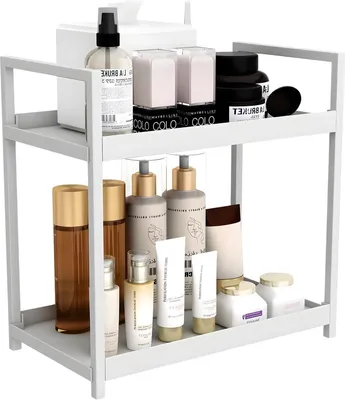 Productafbeelding van Twee-laags keukenkastorganizer, wit – kruidenrek en make-up opbergruimte – compacte tafelorganizer voor keuken, badkamer en kantoor