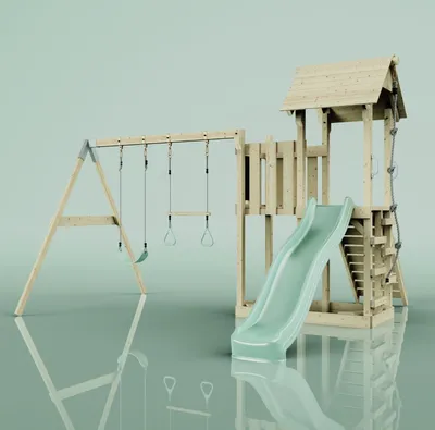 Produktbild von OutdoorToys Spielturm mit Wellenrutsche und 2x Kinder-Schaukel, Outdoor Klettergerüst Garten mit Plattform, Ausführung: Trapezstange, Farbe: Mintgrün, mit Trapezstange