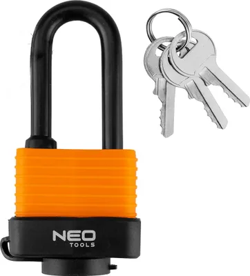 Produktbild von NEO TOOLS Wasserdichtes Vorhängeschloss 40mm, Langbügel Schloss wetterfest, laminiertes Stahlgehäuse, 7,5mm Bügel