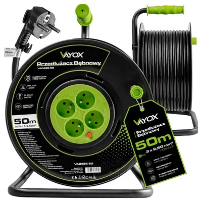 Zdjęcie produktu dla Vayox Przedłużacz na bębnie VA0436 4 gniazda IP20, 50m, 3x2.5 mm², 16A/230V, Czarny
