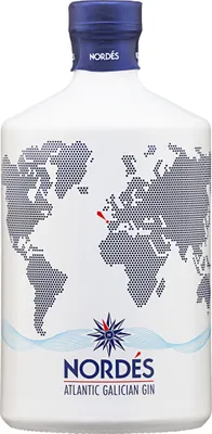 A bottle of Nordes Atlantic Galician Gin with a world map design.