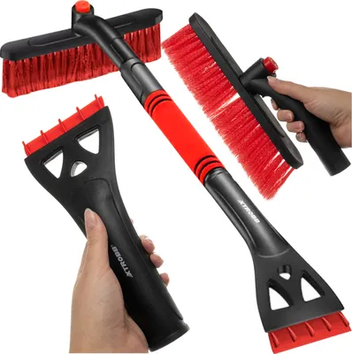 A collage of car snow brushes and ice scrapers against a white background.