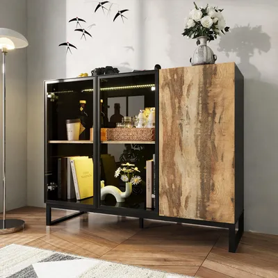 Produktbild von Glasvitrine mit 3 Türen, Vitrine mit Beleuchtung 8 Farbe und Hochglanz-Finish, Schwarz+Holzoptik, MDF+Glas, 120 × 95 × 40 cm