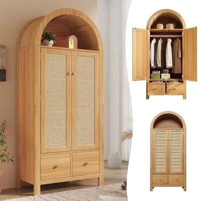 Produktbild von Kleiderschrank 181x78x45cm mit Rattangeflecht, 2 Türen mit Magnetverschluss, 2 Schubladen, Kleiderstange und offener halbrunder Ablage