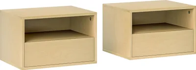 Produktbild von Fortuna Lai 2er Set Nachttisch hängend, Schwebender Nachtschrank mit Schublade, offenes Regal, Wandschrank für Schlafzimmer, Wohnzimmer, 45 x 35 x 27,5 cm, Naturholz