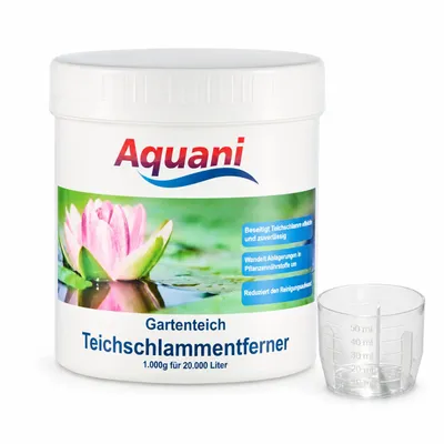 Aquani Teichschlammentferner, 1 kg mit Messbecher auf weißem Hintergrund, KI-generiertes Bild