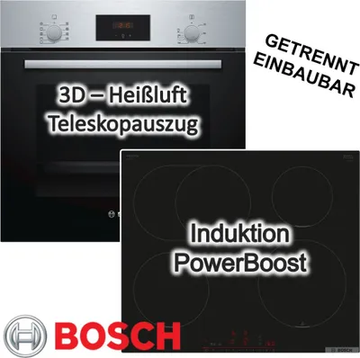 Produktbild von Herdset BOSCH Backofen Teleskopauszug 3D-Heißluft + Induktionskochfeld Booster autark 60 cm