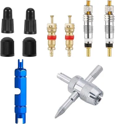 Produktbild von Famanu Reparationsset für Fahrradventile - 4 Ventilkappen und 2 Schlüssel für Presta & Schrader Ventile