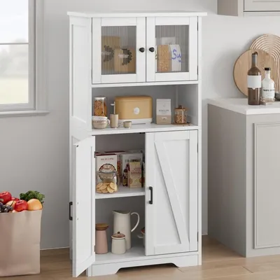 Image de Armoire haute – Armoire de cuisine avec compartiment réglable – Vitrine à 4 portes pour cuisine, salle de bains et salon – Armoires hautes pour salle de bains