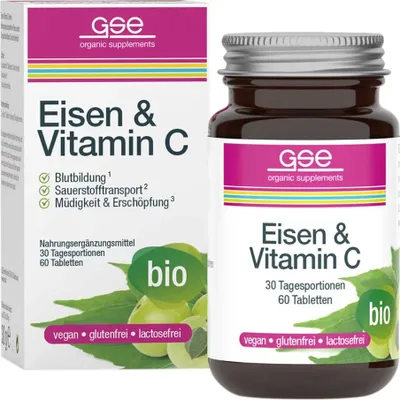 A product shot of a box and bottle of Gse Eisen & Vitamin C supplements.