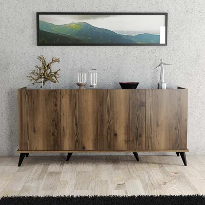 Produktbild von Skye Decor, Hochwertiger Konsolentisch, Walnuss & Schwarz Marmor, 180 x 80,8 x 45 cm | 100% melaminbeschichtete Spanplatte, 18 mm dick | Rustikales Design mit zahlreichen Regalen, wandmontierbar.