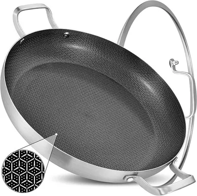 Imagen del producto de Sartén para paella de acero inoxidable de tres capas, 36 cm de diámetro, con tapa – Antiadherente