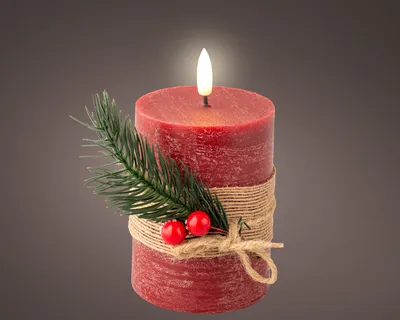 Image de Bougie En Cire Led Rouge, Surface Rustique Avec Branche, ø7,5x13cm. Lumineo