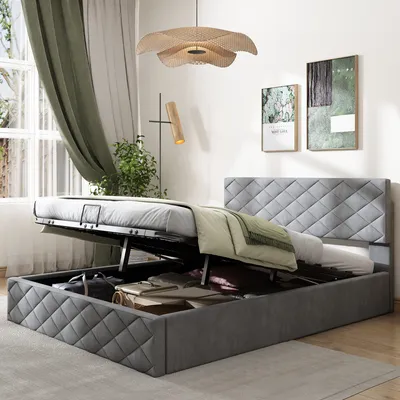 A storage bed in a bedroom setting.