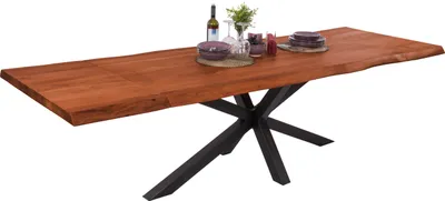 Produktbild von Esstisch Baumkante Akazie nuss 160 (260) x 90 cm Spider-Gestell schwarz mit Ansteckplatten CALI
