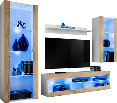 Obrázek produktu pro Komodee | Sada Nábytku s TV Skříňkou a Vitrínou Tivoli Set Medio, Korpus Bílý Matný Přední Část Wotan Matný, Modré LED