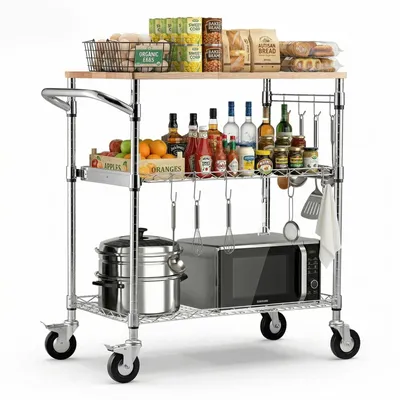 Produktbild von Küchenwagen - Schwerlast-Servierwagen 3 Ebenen - Tragkraft 300 kg - Höhenverstellbare Drahtablagen - Arbeitsplatte & Griff - Metallregal auf Rollen - 76,2 x 45,7 x 91,4 cm