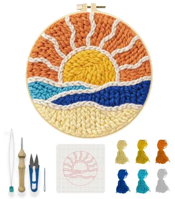 Productafbeelding van Punch Needle set - Met zonmotief - Voor zelfgemaakte handwerkprojecten - 22x22 cm. Ronde beginnersset met instructies