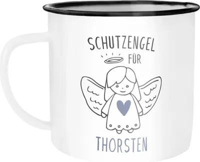Produktbild von Emailletasse Becher Emaille Schutzengel mit Name personalisierte Geschenke Glückstasse Glücksbringer SpecialMe® weiß-schwarz Emailletasse