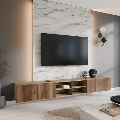 Produktbild von Modernes TV Lowbord mit 4 Türen Presto Große TV Schrank mit offene Fächer 300cm breit Lowboard Fernsehtisch mit geriffelte Fronten, Farbe: Eiche Artisan, Eiche Catania, Anzahl der Türen: 4