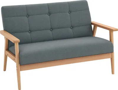 Zdjęcie produktu dla Sofa HOMCOM 2-osobowa, kanapa 115 cm z podłokietnikami, oparciem, mała tapicerowana sofa o wyglądzie lnu, nogi drewniane, tapicerowana sofa wypoczynkowa do salonu, sypialni, ciemnoszara