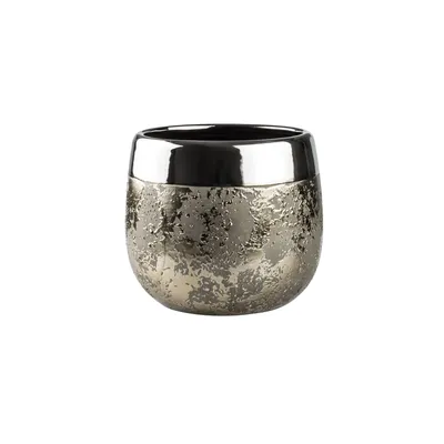 A ceramic pot with a textured gold and silver exterior and a black interior rim, isolated on a white background.