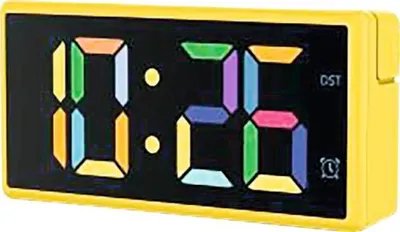 A digital alarm clock with a multicolor display.