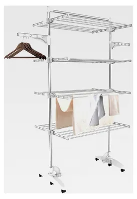 Produktbild von Klappbarer Wäscheständer Turm, 4 Ebenen aus Edelstahlrohren, Turmtrockner mit 6 Rollen, Flügel, oberer Stange, mobiler Turmwäscheständer für Balkon, Wohnzimmer, Badewanne, Weiß