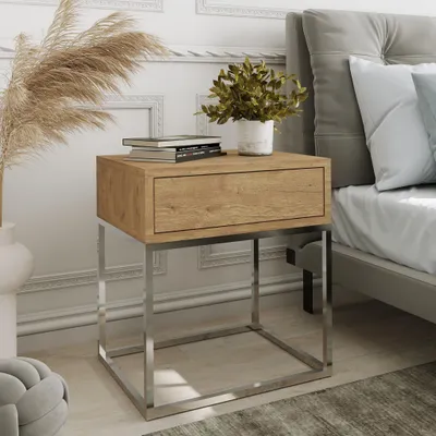 Image de AX LIVING Table de nuit Commode Aleio 45 cm chene Wotan, pietement chromé