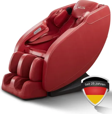 A red massage chair is shown against a white background, with a German flag badge on the lower right.