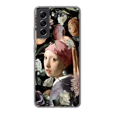 Produktbild von MuchoWow® Handyhülle Schutzhülle Hülle für Samsung Galaxy S21 FE Mädchen mit Perlenohrring - Blumen - Vermeer - Pastell - Kunstwerk - Gemälde - Alte Meister Silikon Softcase Handy Hülle - Mobiltelefonhülle
