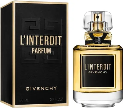 A bottle of Givenchy L'Interdit Parfum and its packaging are displayed against a white background.