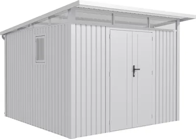 Produktbild von Rockford Gerätehaus Metall Geräteschuppen 296 x 318 cm Gartenhaus mit Pultdach inkl. Regenrohre Porto 400 Hellgrau