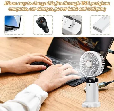 Immagine prodotto di Mini ventilatore portatile compatto, bianco, 3 velocità, ricarica USB